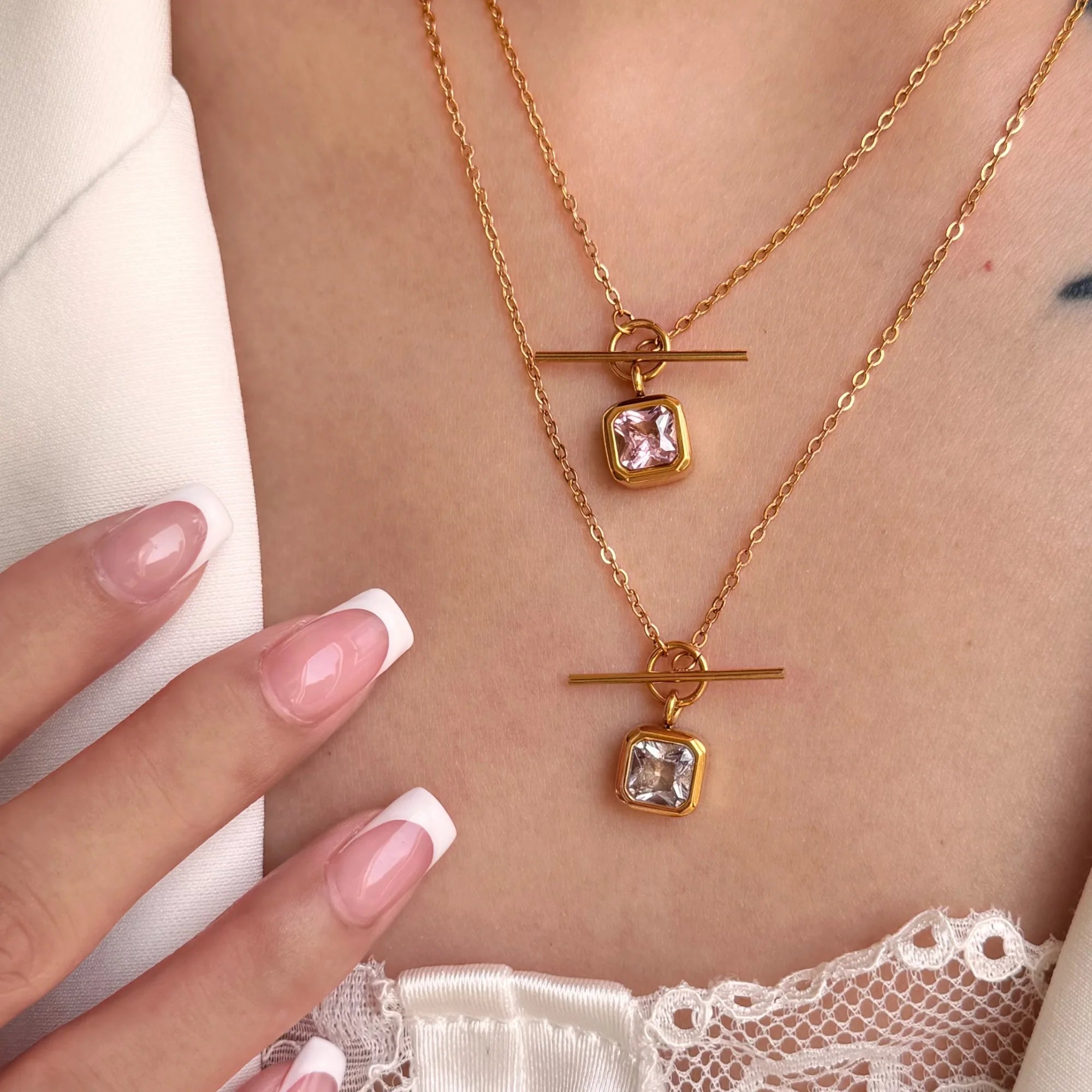 Dazan New 18k Gold Plated Stainless Steel Bohemia Unique Vintage T Bar Square Pink Cute Idol Zircon Pendant Girlfriend Necklace