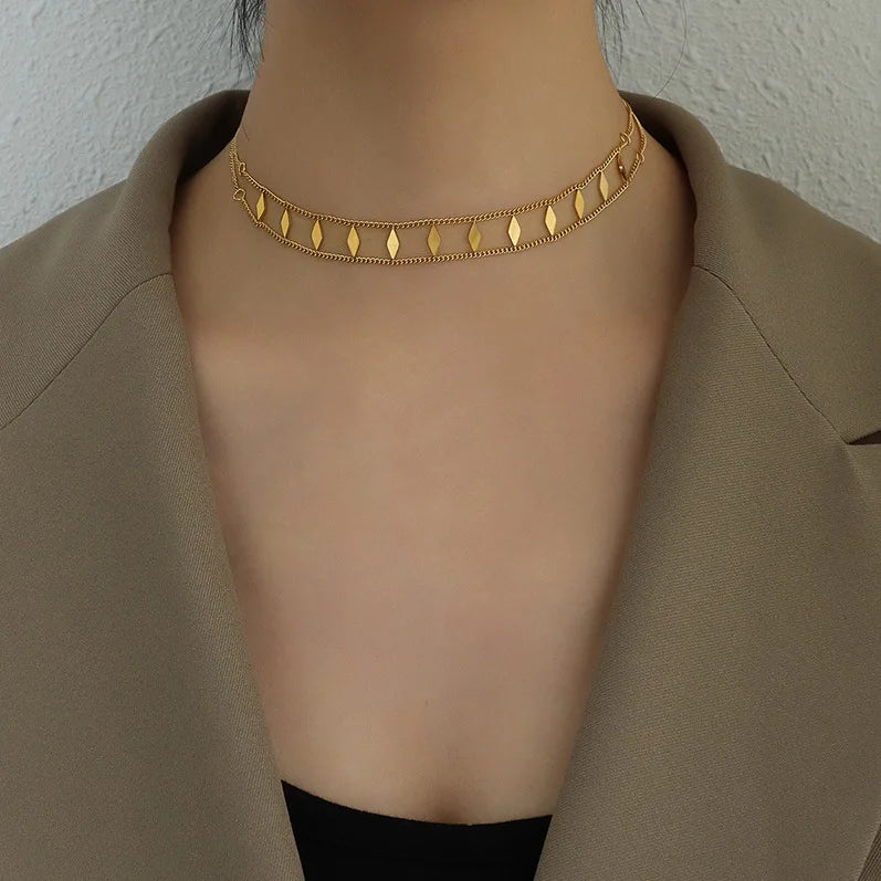 Tarnish Free Stainless Steel Jewelry Pvd 18k Gold Plated Double Layered Necklace Diamond Sequined Choker Necklace