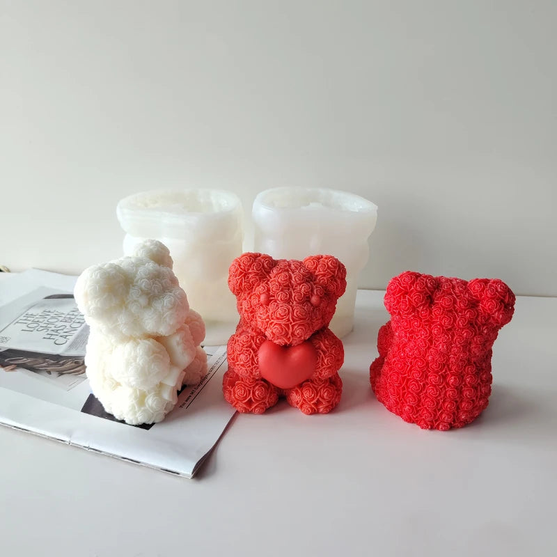 3D Valentine's Day Rose Bear Silicone Mold Heart-shaped Mould DIY Gift Plaster Scented Candle Silicone Molds for Home Decoration