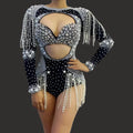 Glitter Crystal Ladies Performance Wear Pearl Tassel Party Sexy Hollow Out Long Sleeve Bodycon Bodysuit for Women