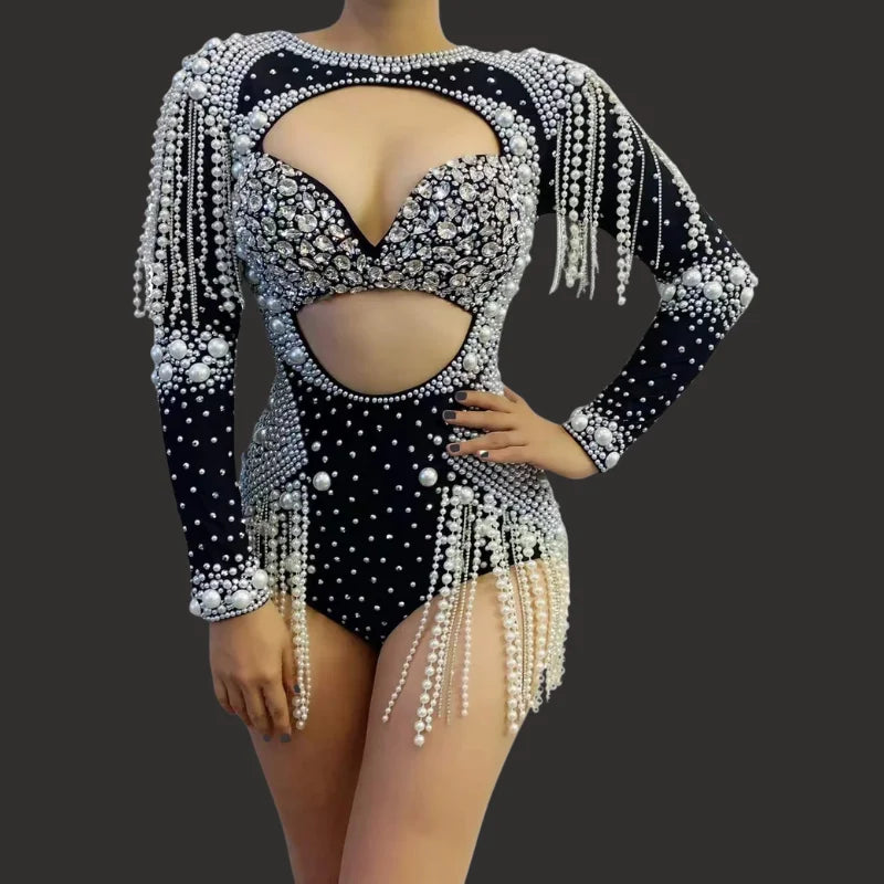 Glitter Crystal Ladies Performance Wear Pearl Tassel Party Sexy Hollow Out Long Sleeve Bodycon Bodysuit for Women