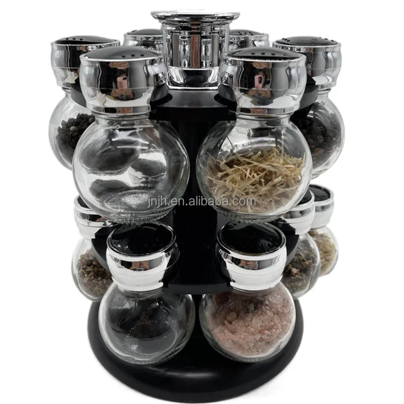 Decorative Rotating Spice Rack Glass Spice Jar Rack Set With Plastic Stand