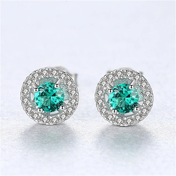 Fine Jewelry 925 Sterling Silver Round Disc Shape Gemstone Diamond Stud Earrings