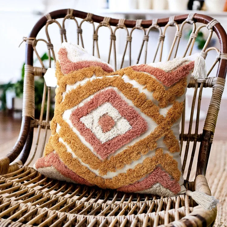 Woven Tufted 12x20 Lumbar Boho Pillow Cover Burnt Orange Pillow Covers With Tassels/