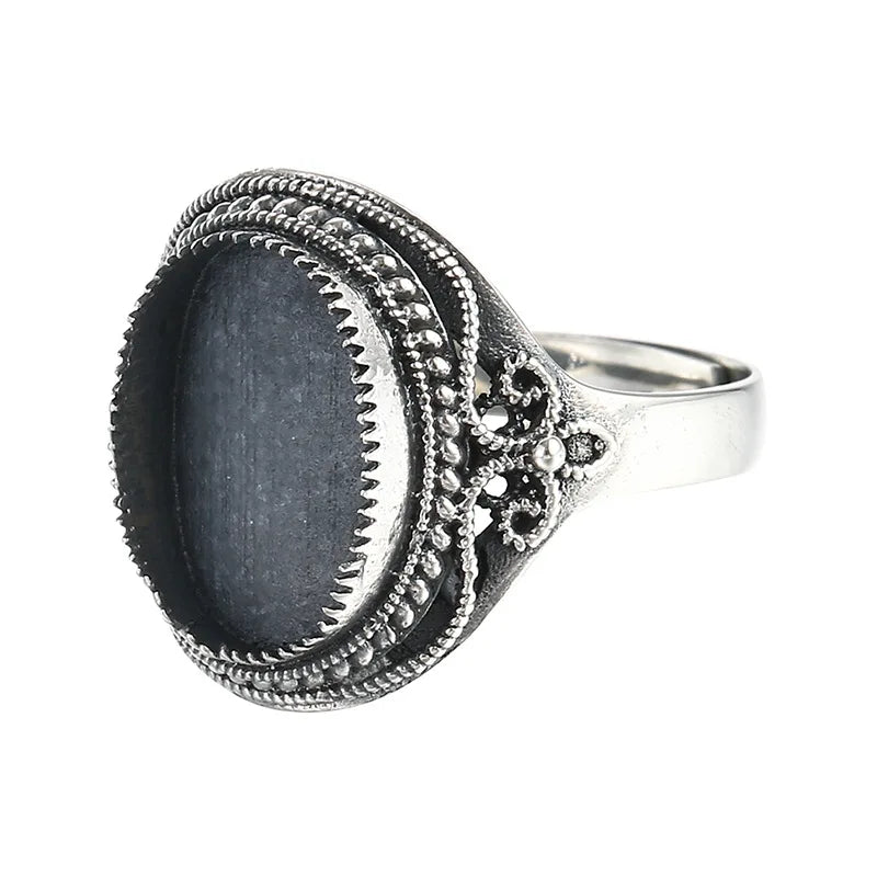 Vintage Antique Silver Effect 925 Sterling Silver Semi Mount Rings 10x14mm Oval Setting for Jewelry Diy