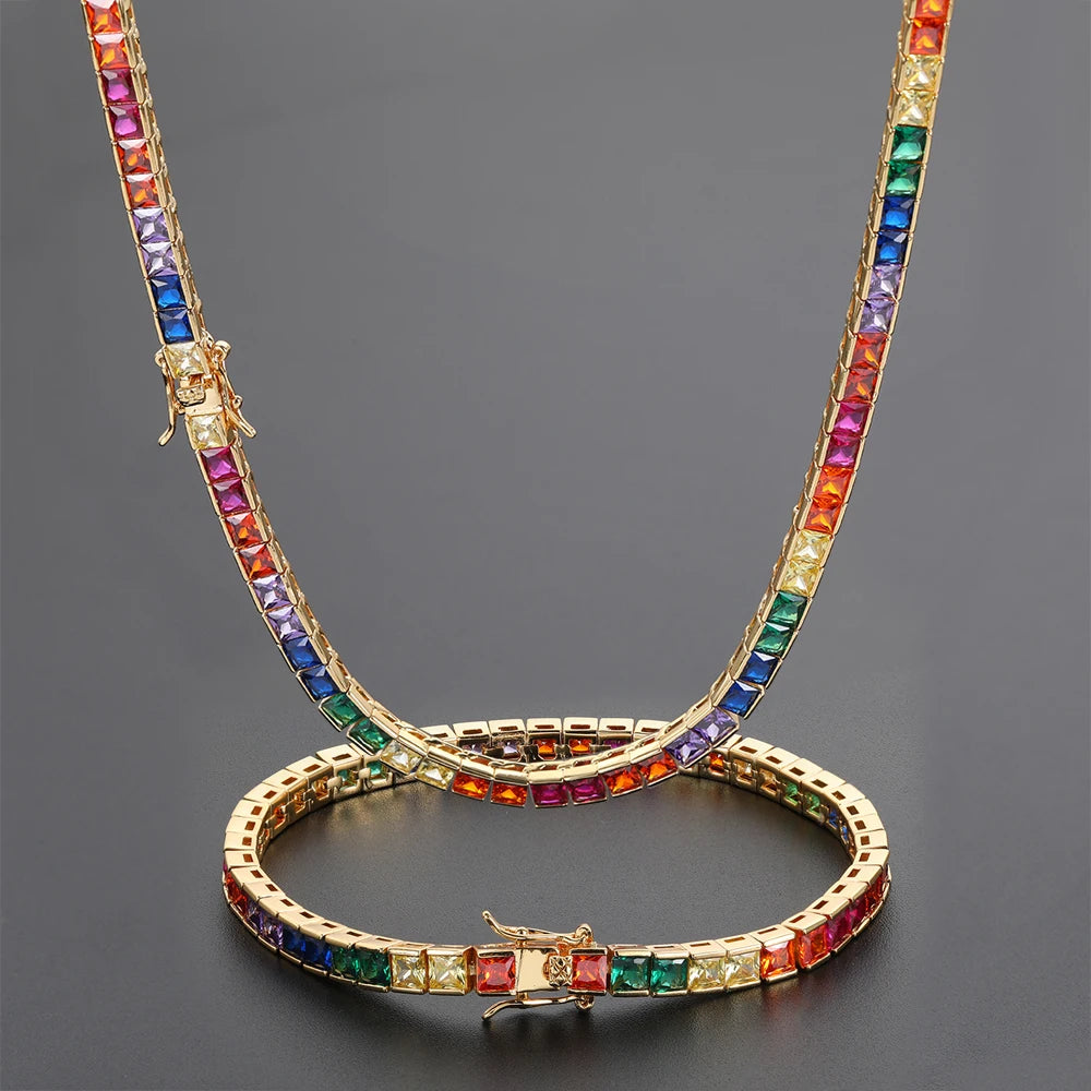 NUOYA Hip Hop Diamond Tennis Necklace Micro Paves Color Cubic Zirconia Iced Out Colorful Necklace