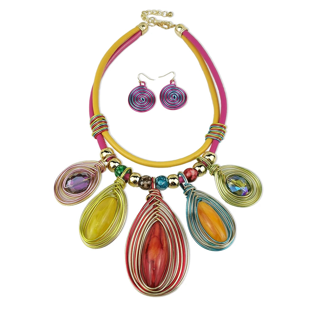 Bohemian Big Colorful Crystal Beaded Jewelry Set Wire Twisted Beads Necklace Round Earrings Sets Statement Indian Accessories