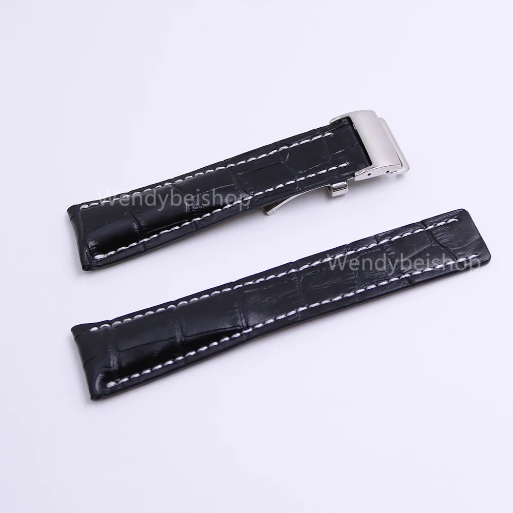22mm 24mm Black Real Cowhide Leather Wrist Watch Band Strap Breathable Charm for Breitling