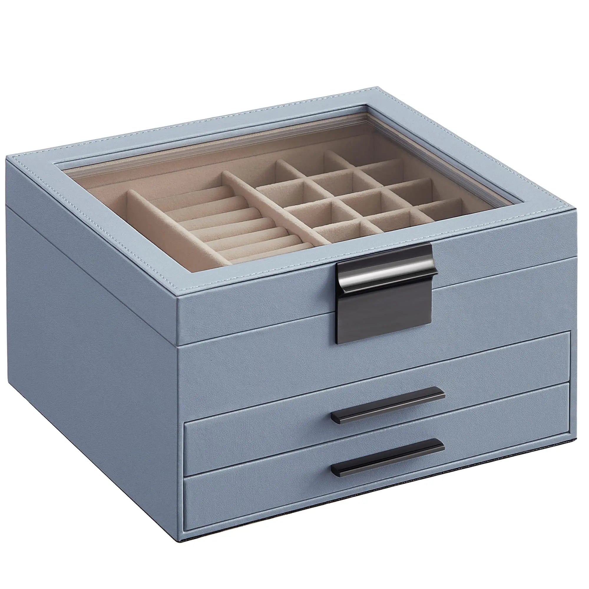Modern Style Large Rectangle 3-Layer Jewelry Organizer Box with Glass Lid for Storage and Packaging Jewelry