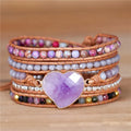 YueTong Purple Faceted  Amethyst Heart Charm Tourmaline 5 Rows Leather Beaded Wrap Bracelet for Women Gemstone Jewelry Wholesale