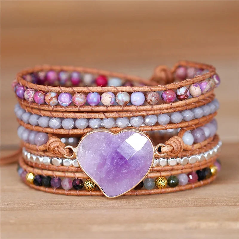 YueTong Purple Faceted  Amethyst Heart Charm Tourmaline 5 Rows Leather Beaded Wrap Bracelet for Women Gemstone Jewelry Wholesale