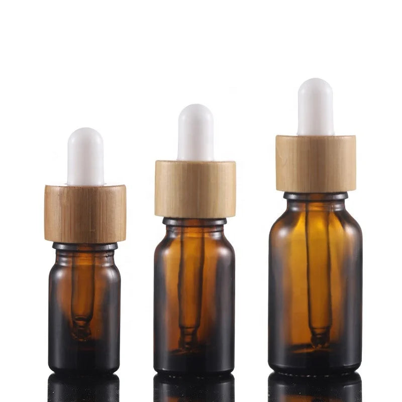 5ml 10ml 15ml 20ml 30ml 50ml Round Bamboo Amber Glass Essential Oil Dropper Bottles with Screen Printing
