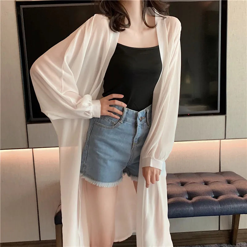 Medium Long Plus Size Thin Casual Loose Summer Sun Protection Beach Blouse Chiffon Raglan Sleeve Woven Breathable Simple Shirt