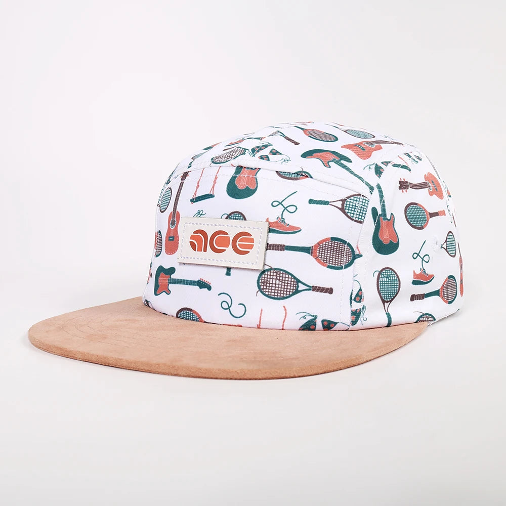 Factory Custom Design Sublimation Printing Polyester Leather Patch Logo Suede Flat Brim 5 Panel Hat Camp Cap