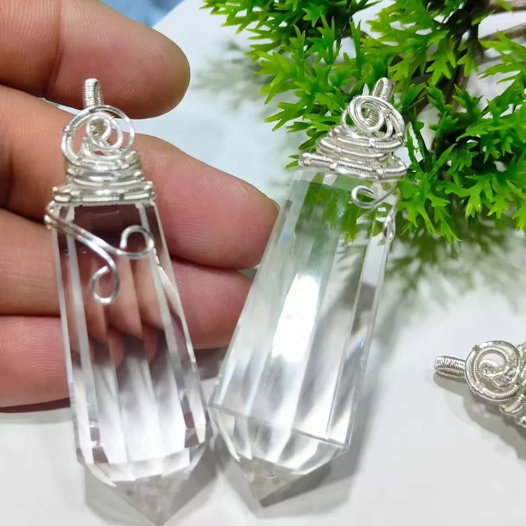 Handmade Pendulum Spiritual Healing Crystal Natural Faceted clear Quartz Wire Wrapped Big Point Wand Pendant