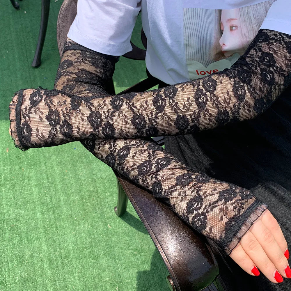 Fashion Long Half-finger Lace Gloves Women's Summer Sunblock Sleeve Driving and Riding UV protection Sunblock Leak Finger Gloves