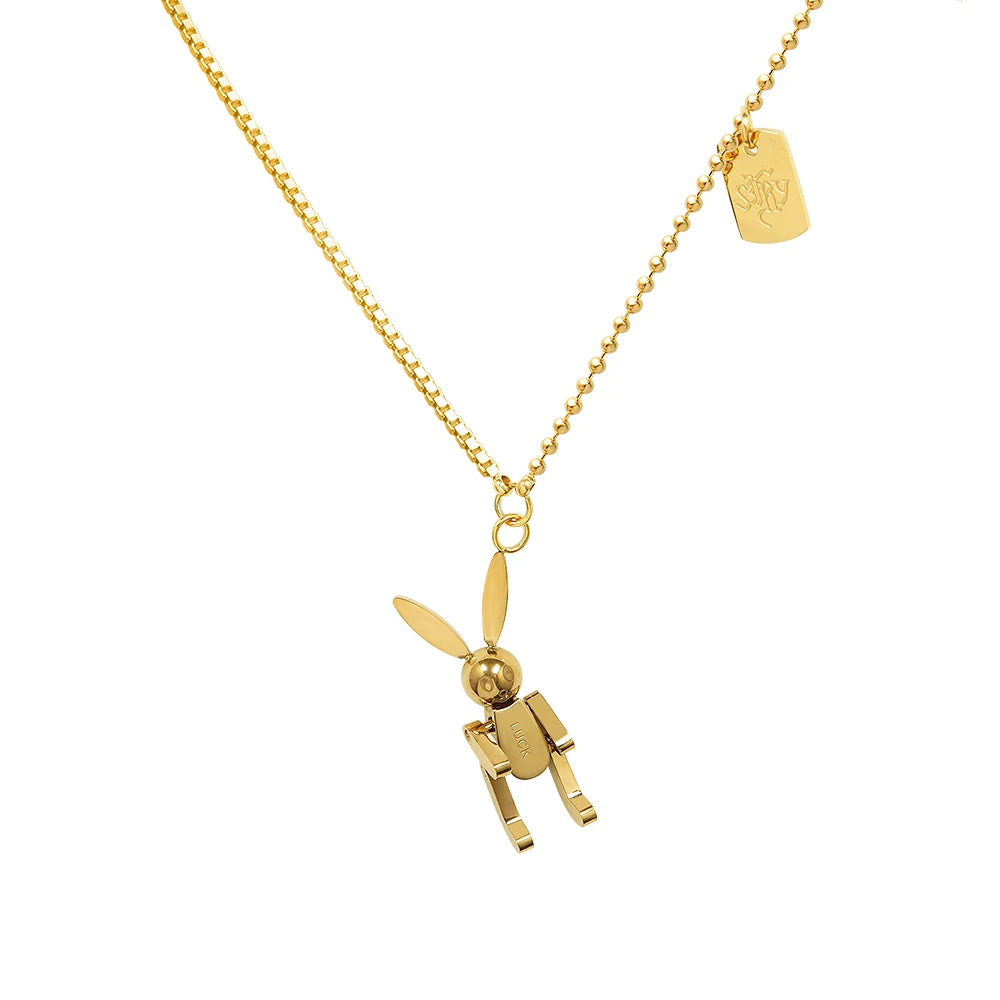 Ins Cute Alphabet Robot Rabbit Square Necklace With Titanium Steel Plated 18K Gold Color