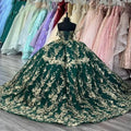 Emerald Green Off the Shoulder Ball Gown Gold Floral Appliques Lace Corset Vestidos De 15 Quinceanera Dresses MQ720