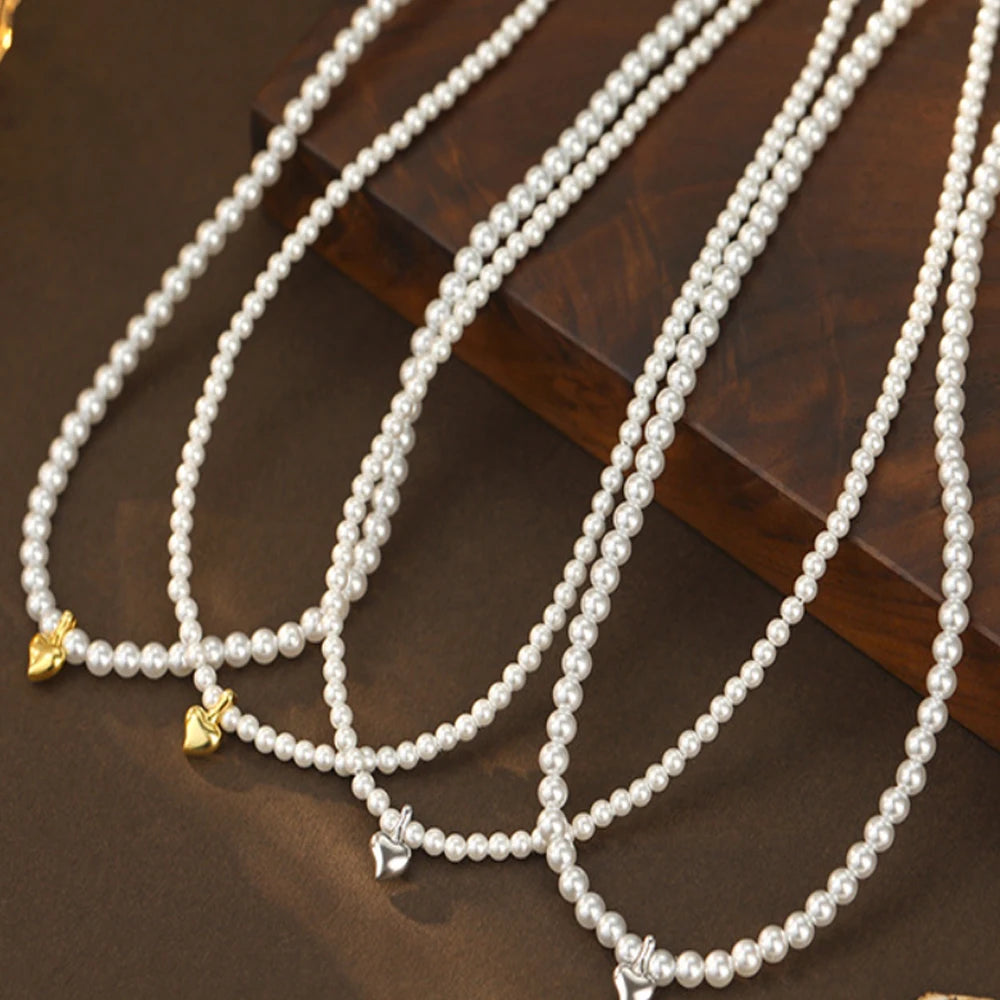 Elegant Aesthetic 925 Sterling Silver Heart Artificial Brand 3mm & 4mm Glass Pearl Beads Choker Necklace Jewelry