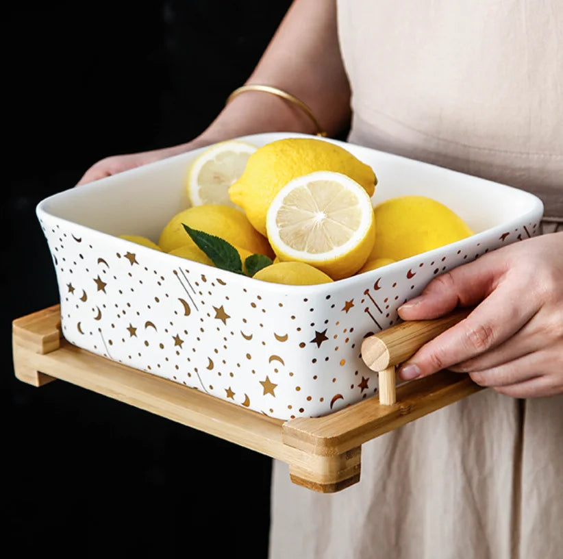 Fruit Salad Bowl Home Kitchen Large Square Bowl Black Rice Pot Soup White Ceramic Square Bowl Bohemian Design Eco-Friendly Dwax