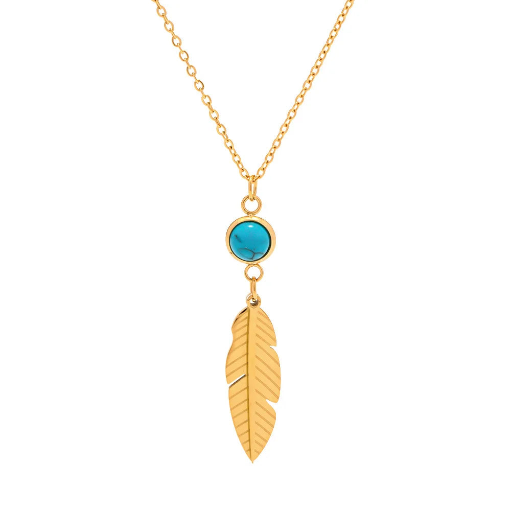 Popular Turquoise Pendant for Lady and Men PVD Gold Plated Stainless Steel Necklace HOT Selling Style Feather Pendant Necklace