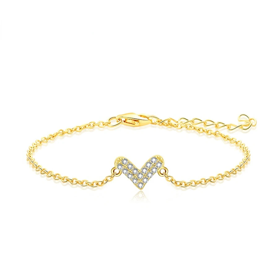 Gold Plated Cubic Zircon Encrusted 925 Sterling Silver Heart Bracelet for Women Gift