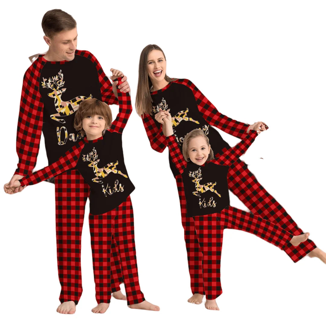Women's Christmas Cartoon Elk Print Round Neck Long Sleeve Pajamas Set Drop Shipping Home Use Parent-Child Sleepwear