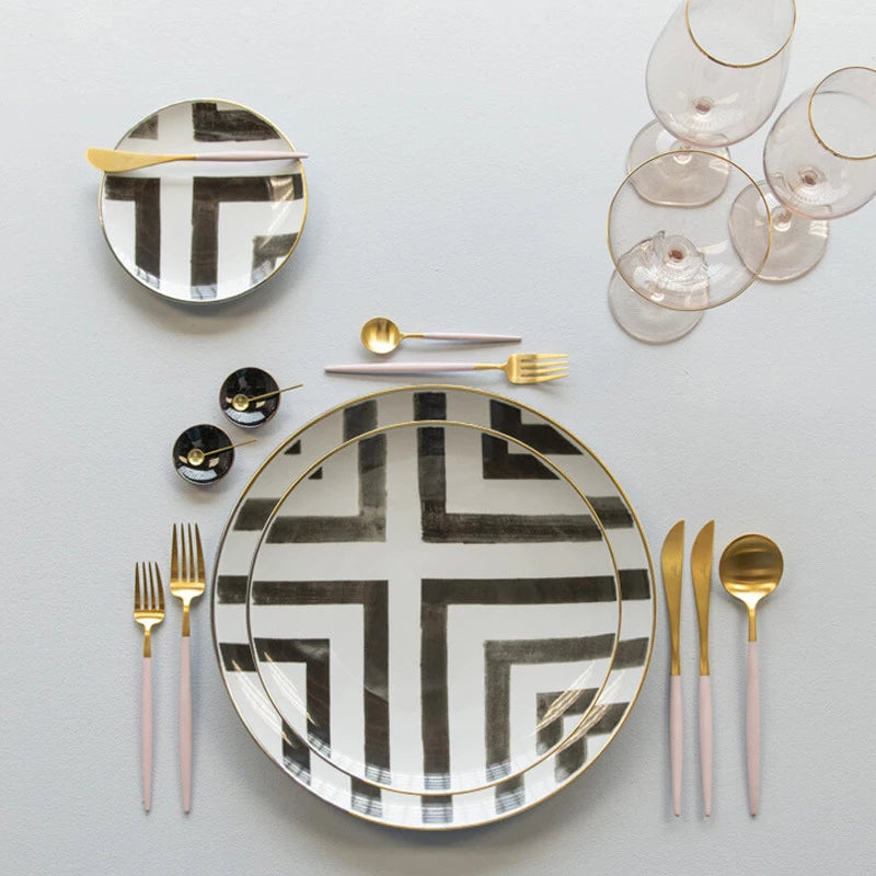 Creative Bone China Tableware Bowl Plates Sets White Gold Rim Ceramic High-end Crossroads Pattern Dinnerware Dinner Sets