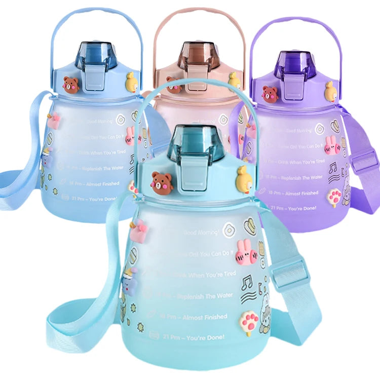 Hot popular plastic kawaii Water Bottle 1300ml Cute Big Belly Cup with straw and shoulder strap custom logo