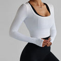 Custom Logo Nylon Spandex White Ribbed Soft Smooth Slim Seamless Square Neck Long Sleeve Workout Gym Yoga Crop Top for Women