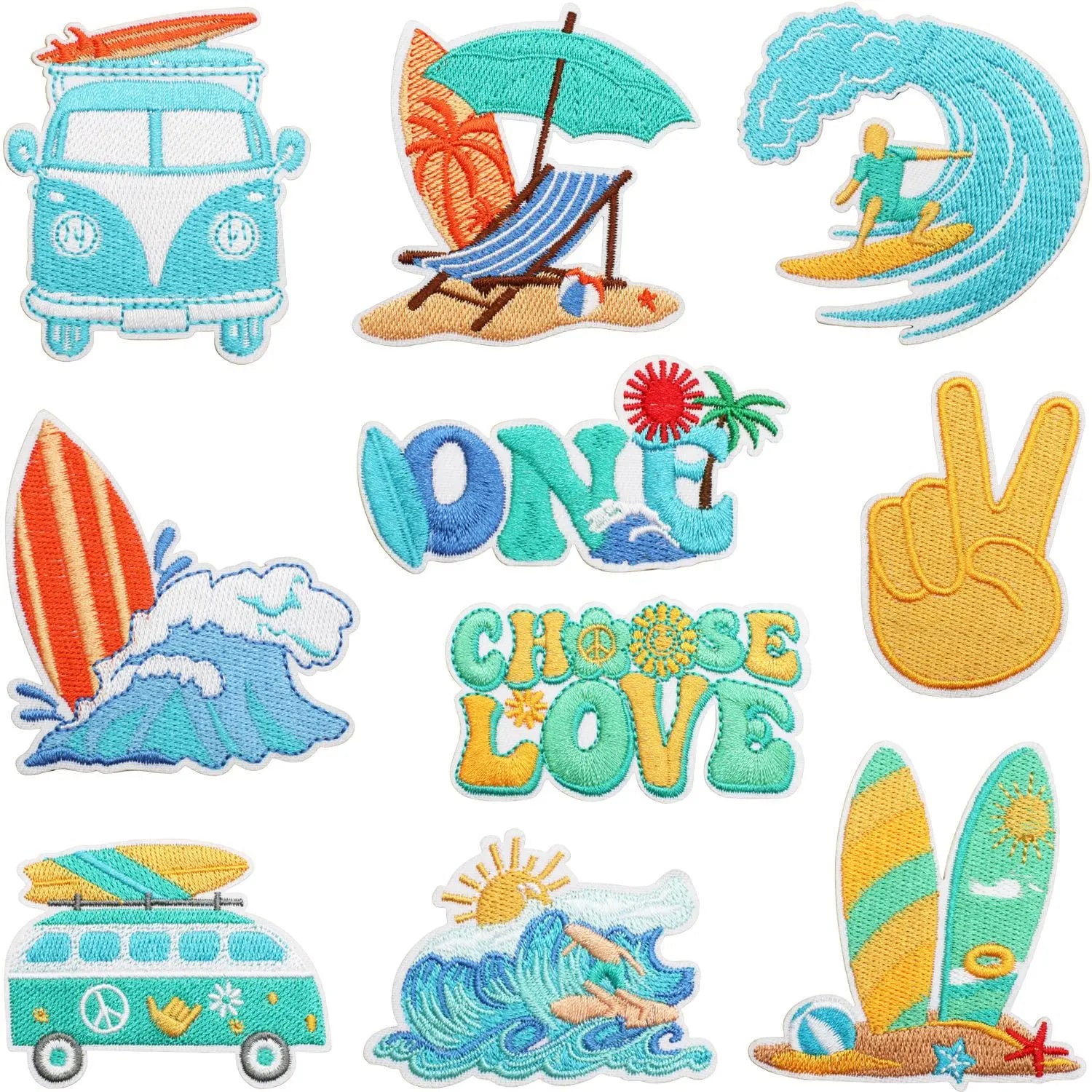Summer Holiday Style Embroidered Iron on Beach Wave Sailing  Bus Patch for Clothing Hat Bag Decoration