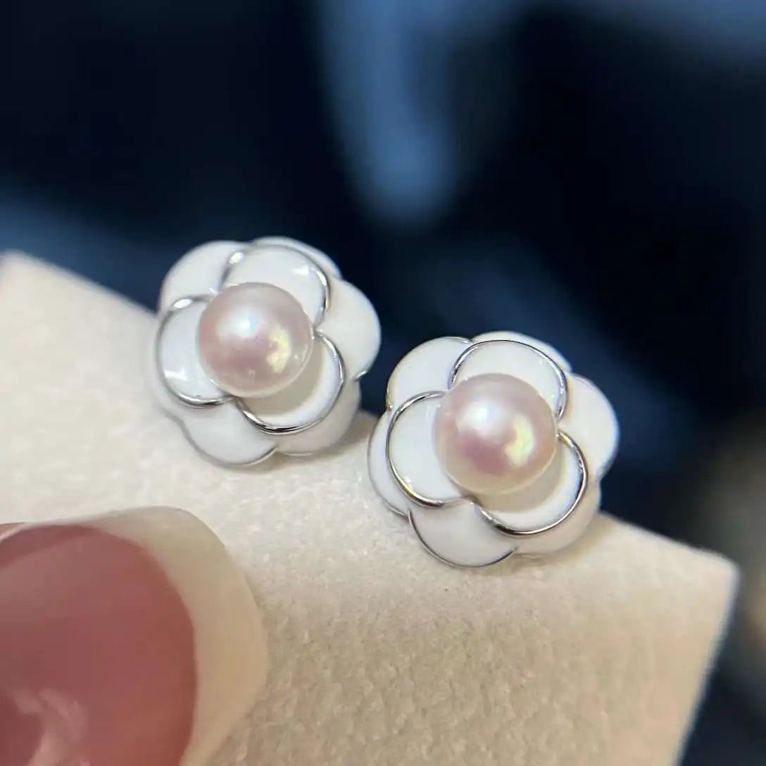 Cute White Flower 5-6MM Natural AAAA Grade Freshwater Pearl Stud Earrings Rhodium/Gold Plated Anti-Allergy Children's Women's