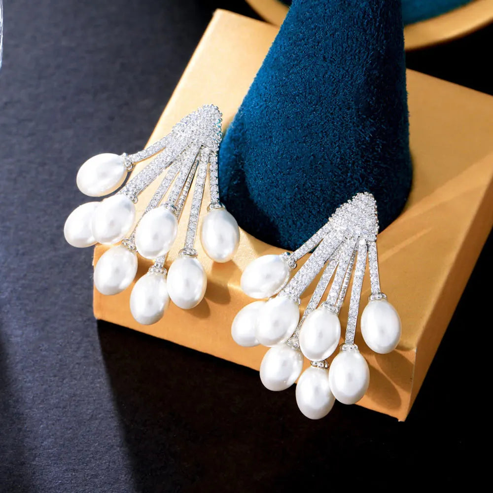 Trending Unique Cubic Zirconia Crystal Statement Big Silver Plated Pearl Cluster Bridal Dangle Drop Earrings for Women Jewelry