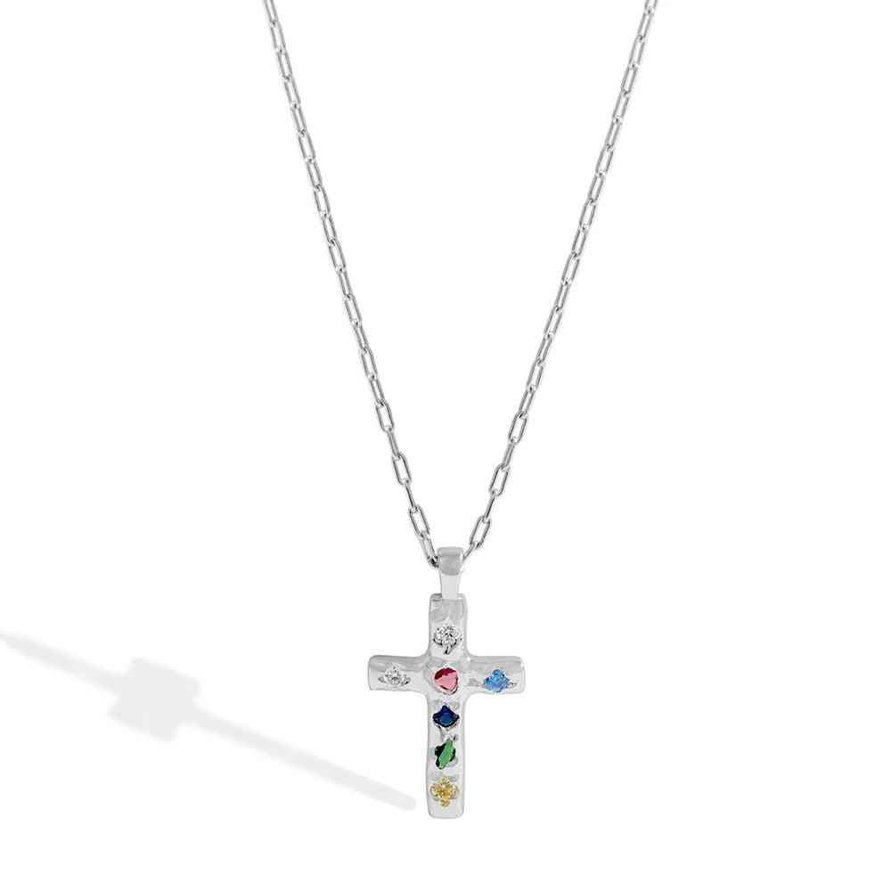 Sterling Silver Dainty Rainbow Cross Necklace Small Crucifix Necklace Everyday Necklace Art Deco Religious Gift for Her