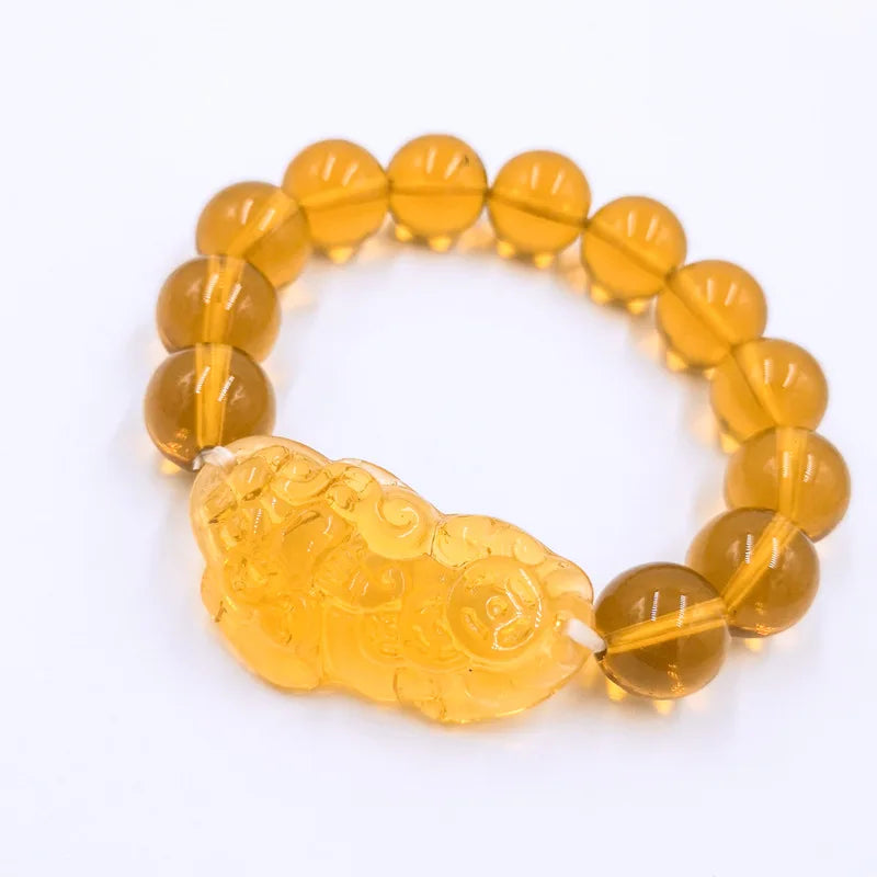 New Arrival Wholesale Price Feng Shui Yellow Crystal PiXiu Bracelet 10mm 12mm 14mm Good Luck Bracelet Yellow Beads