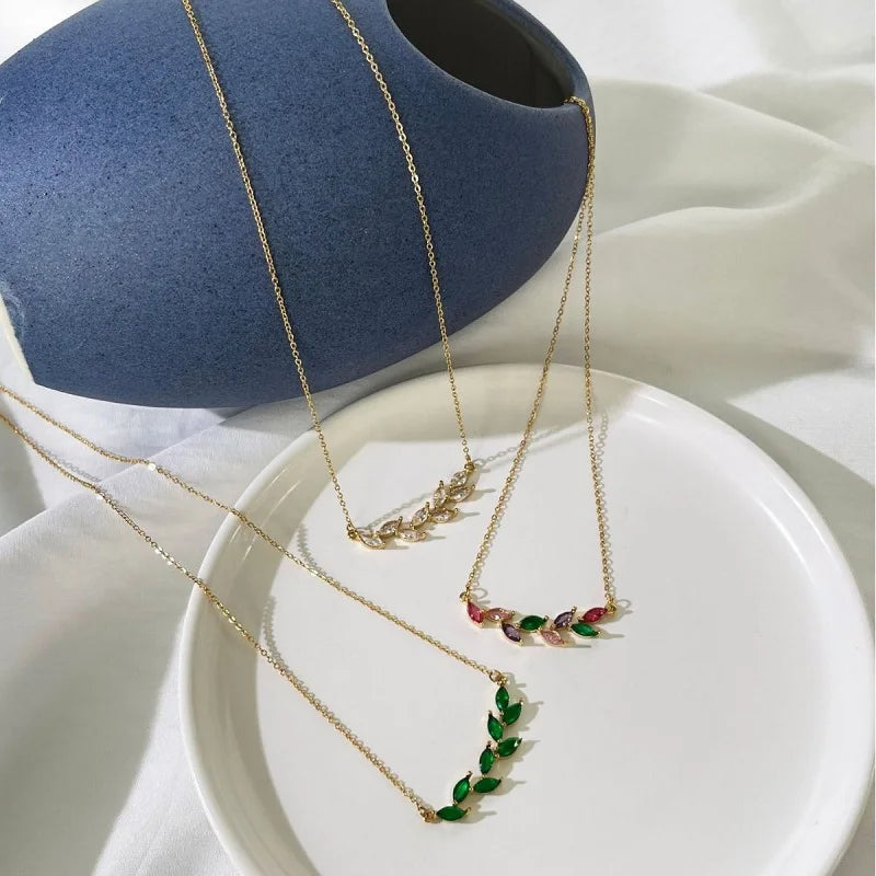 Waterproof Jewelry Multicolor Olive Branch Zircon Pendant Necklace Tarnish Free 18k Gold Plated Stainless Steel Chokers Necklace