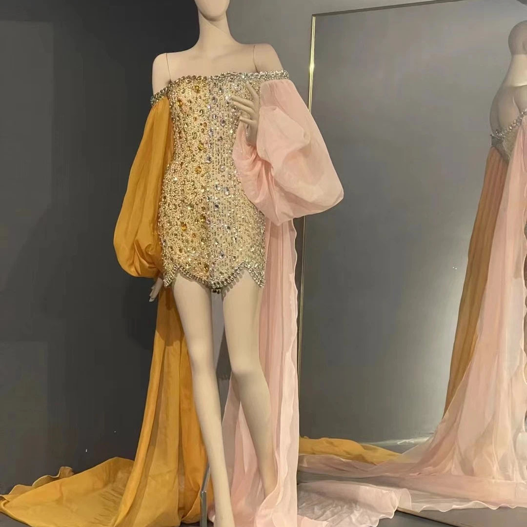 QUEENS GOWN  Costume Dress Rhinestone Gorgeous Mini Dress pink and Yellow Lantern Sleeve Fashion Show  Dress Special Design