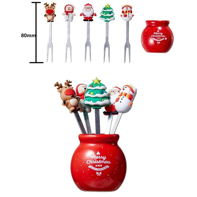 Hot Sales 5pcs /set Stainless Steel Fruit Picks for Kids Bento Lunch Decorative Christmas  Fruit Forks
