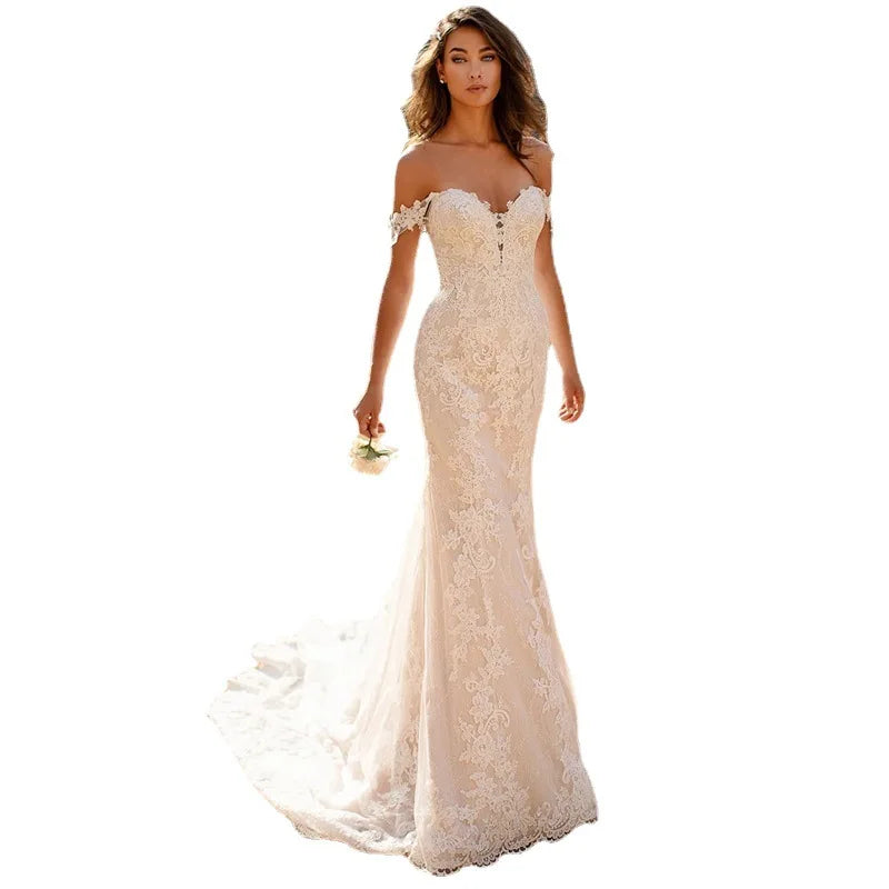 2023 New Mermaid Off-shoulder Light Bridal Wedding Gown with Lace Fabric Floral Print Appliques & Draped Detail Sweep Train
