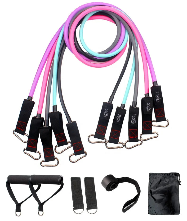 Fitness Custom Handle Loop Printed Latex TPE 11pc Resistance Bands Set for Yoga