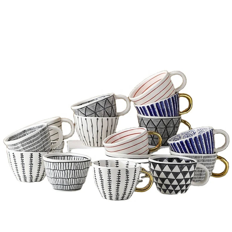 330ml Retro Japanese Striped Lines Water Cup Ceramic Coffee Mug With Gold Handle