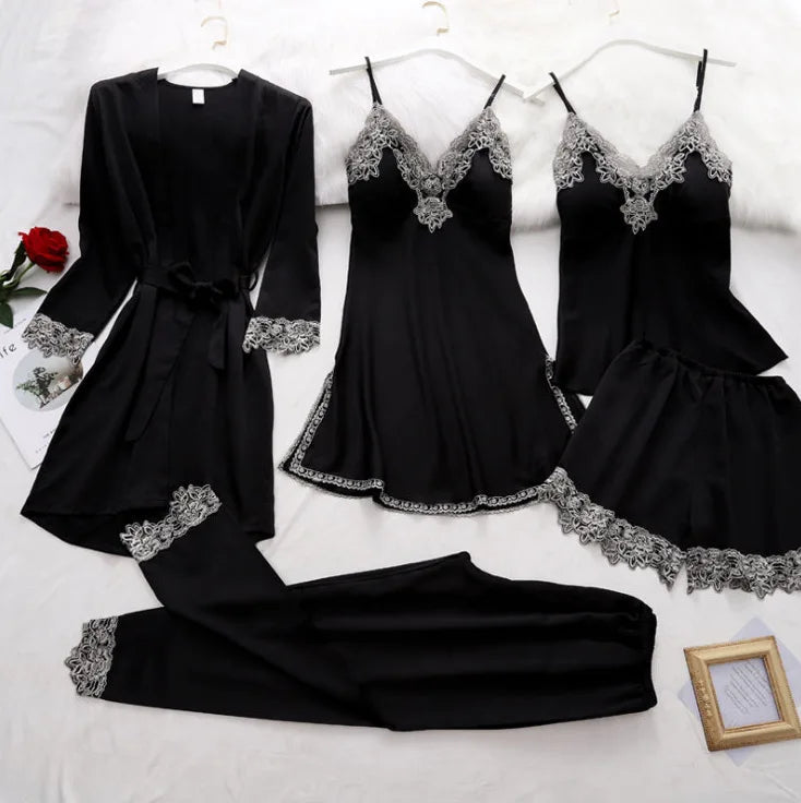 Fashion Design Hot Sale Soft Smooth Silk Like 5 PCS SET Women Sleepwear Onesies Breathable Sleepwear for Home Hotel Leisure
