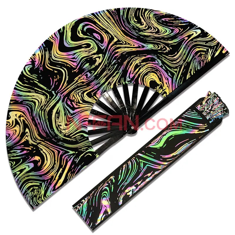 In Stock Reflective Iridescent Holographic Ripple Folding Clack Hand Fan with Fan Bag As Rave Festivals Party Accessories