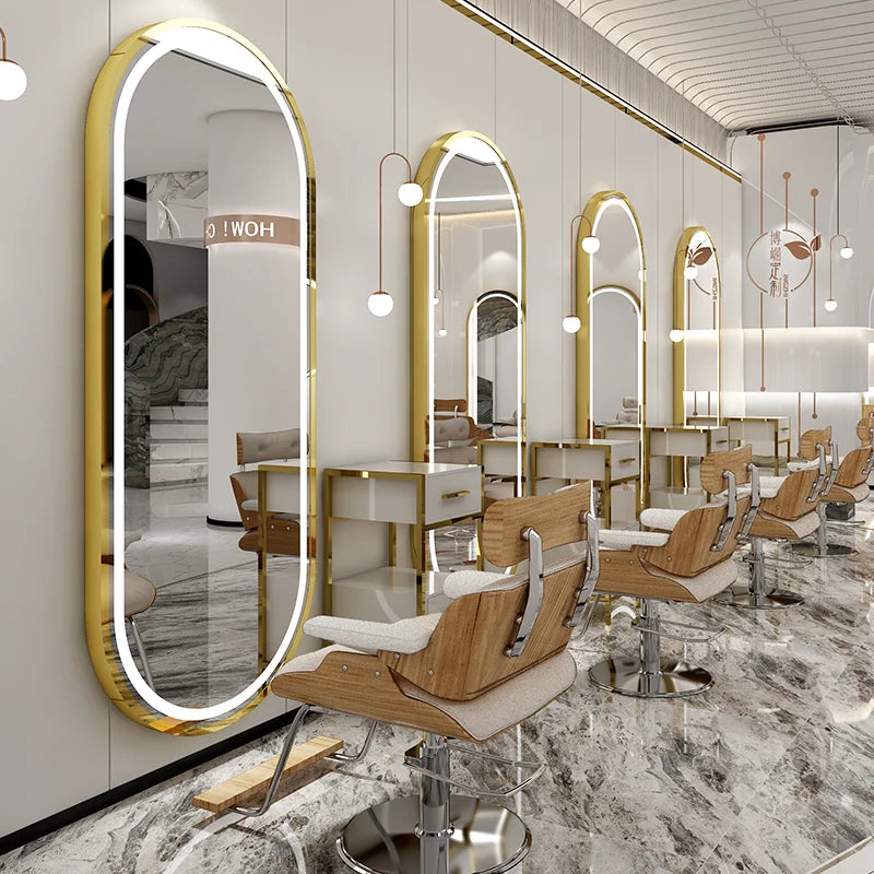 Luxury Gold Oval Barber Mirror Stations Hairdressing Salon Mirror Barber Unit Station with Led Light