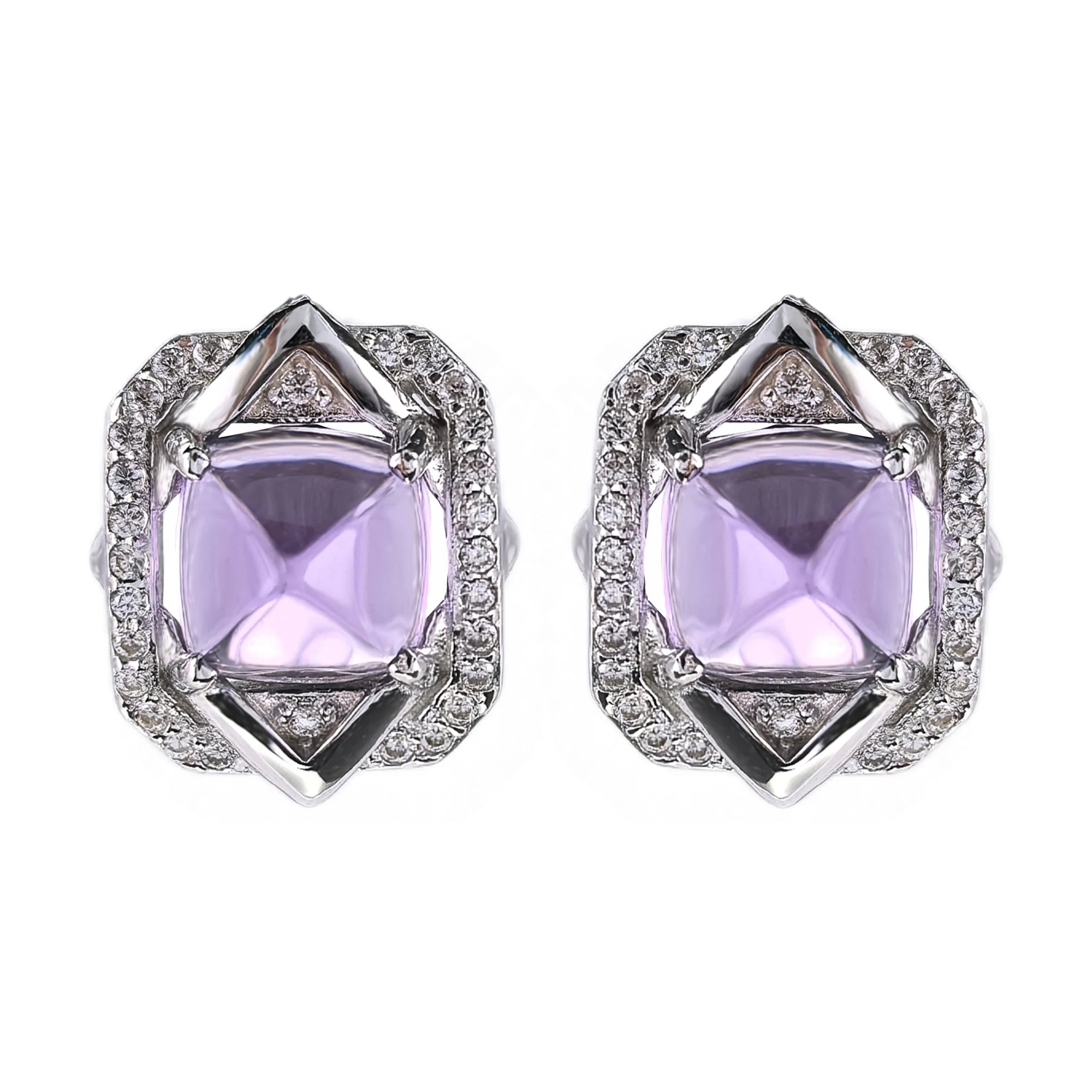 Unique Rhodium Plated 925 Sterling Silver Sugar-loaf Cut Natural Amethyst Stud Earrings for Women Fine Jewelry Earrings