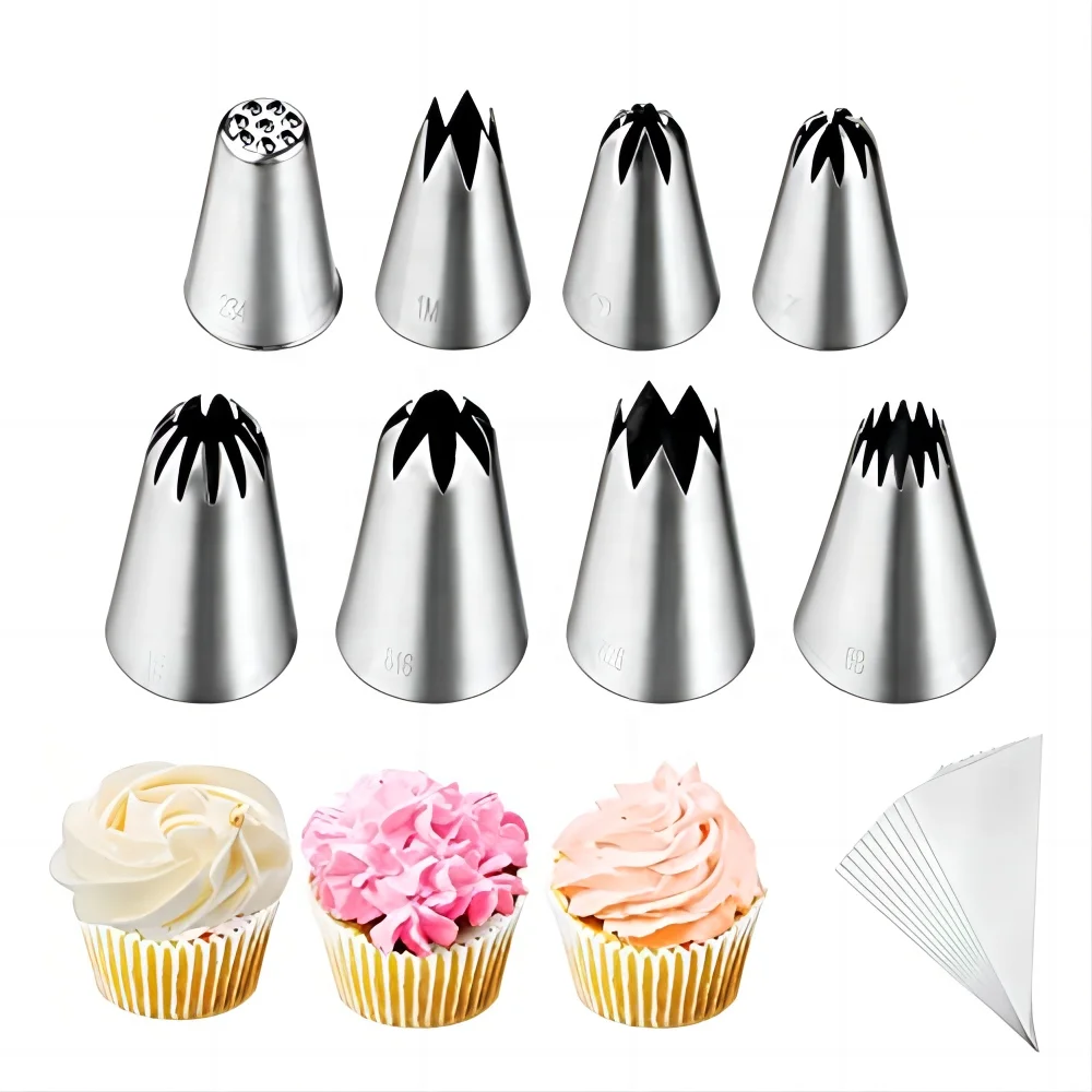 YJ Wonderful 304 Stainless Steel Cake Decorating Tool Large Piping Tips Set 8 Packs for DIY Cake and Cookie Rose Baking