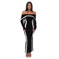 C3691 Factory Wholesale Black Brown Women Midi Knitted Dress Long Sleeves Off-shoulder Ladies Party Dress