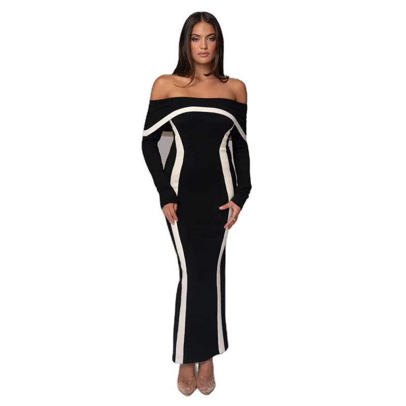 C3691 Factory Wholesale Black Brown Women Midi Knitted Dress Long Sleeves Off-shoulder Ladies Party Dress