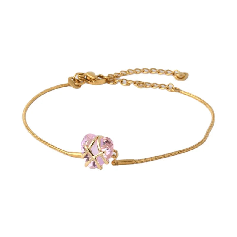 GT Hot Selling Bling Bling Pink Purple Heart Shape Crystal Bracelet Women Fashion 18k Gold Plated Stainless Steel Bracelet