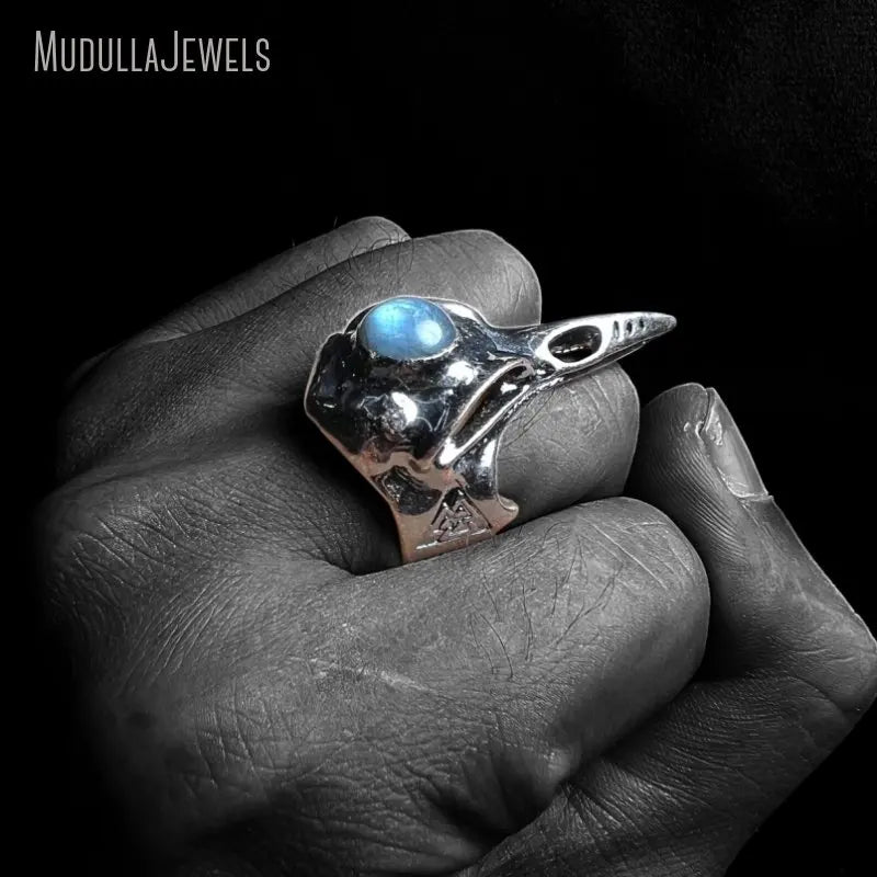 RM47748 Soldered Genuine Gemstone Labradorite Crow Adjustable Finger Rings Antique Copper Plated Punk Retro Gothic Jewelry